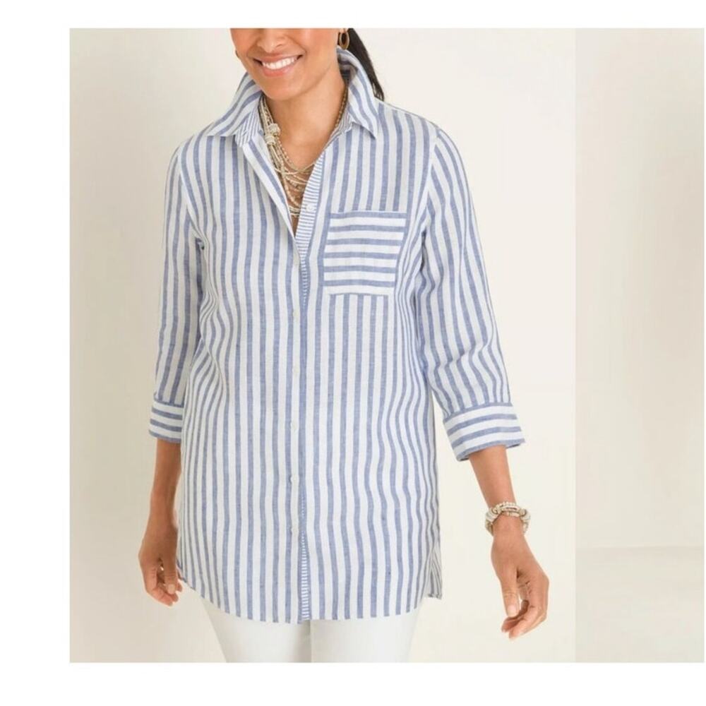 CHICOS No Iron Linen Striped Button Down Shirt Casual LIghtweight 16/18 EUC